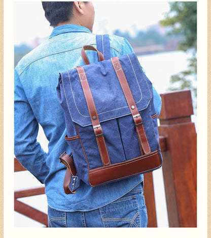 Denim Blue Waxed Canvas Mens Large 14'' Laptop Backpack College Backpack Hiking Backpack for Men