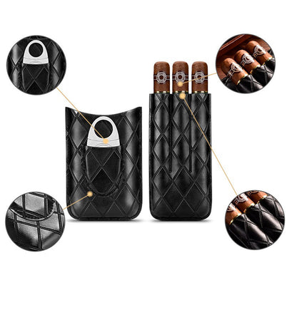 Black Diamond Leather Mens 3pcs Cigar Case With Cutter Leather Cigar Cases for Men