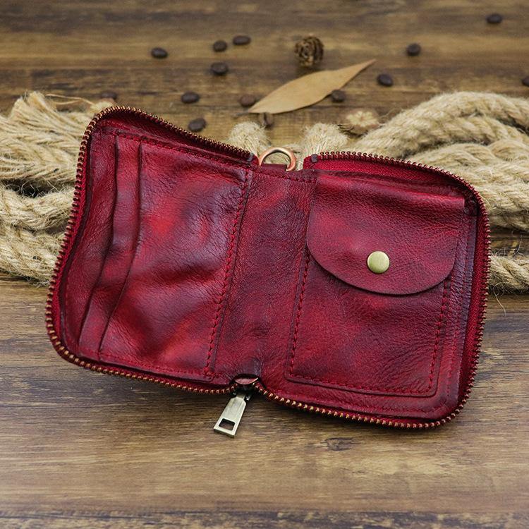 Brown Men Leather Zip Billfold Small Chain Wallet with Coin Pocket Biker Bifold Chain Wallet for Men