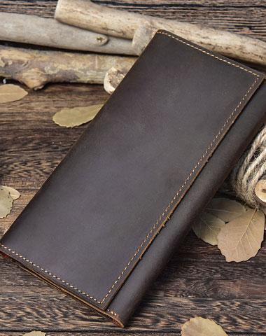 Vintage Leather Mens Long Wallet Bifold Coffee Long Wallet for Men