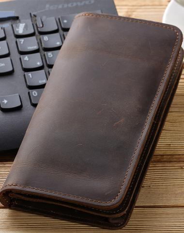 Cool Leather Long Wallet for Men Vintage Bifold Wallet with Multi Cards