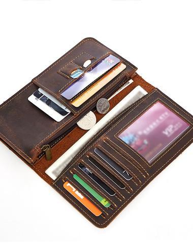 Vintage Coffee Mens Leather Long Wallet Bifold Long Wallets for Men