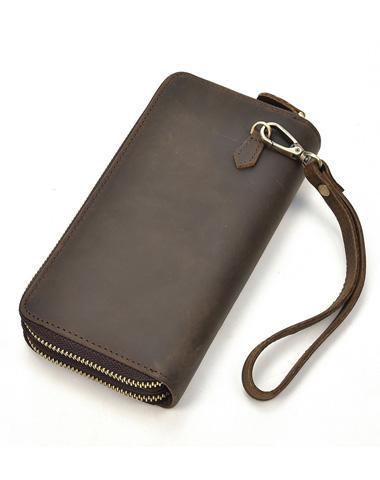 LEATHER MENS Wristlet Wallet Double Zipper Vintage Coffee Clutch FOR MEN