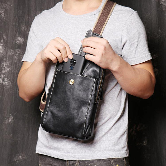 Fashion Black Leather Sling Backpack Men's Sling Bag Black Chest Bag One shoulder Backpack Black Sling Pack For Men