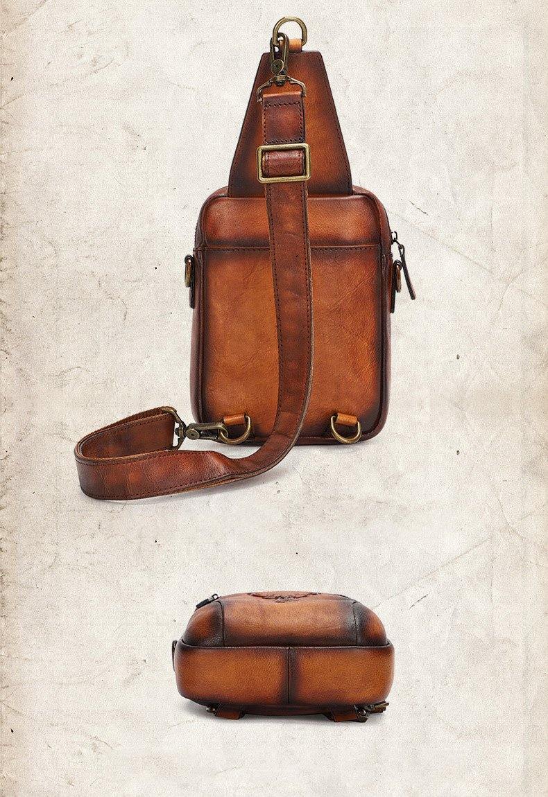 Vintage Brown Leather Deer Womens Men's Sling Bag Chest Bag Sling Pack Sling Backpack For Men