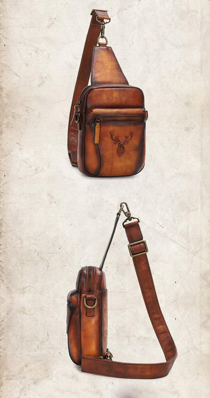 Vintage Brown Leather Deer Womens Men's Sling Bag Chest Bag Sling Pack Sling Backpack For Men