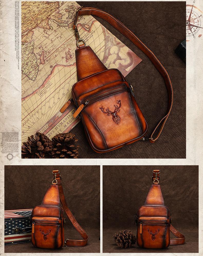 Vintage Brown Leather Deer Womens Men's Sling Bag Chest Bag Sling Pack Sling Backpack For Men