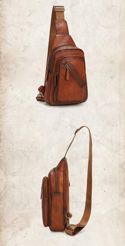 Vintage Brown Leather Men's Sling Bags Chest Bag Brown Sling Pack Sling Backpack For Men