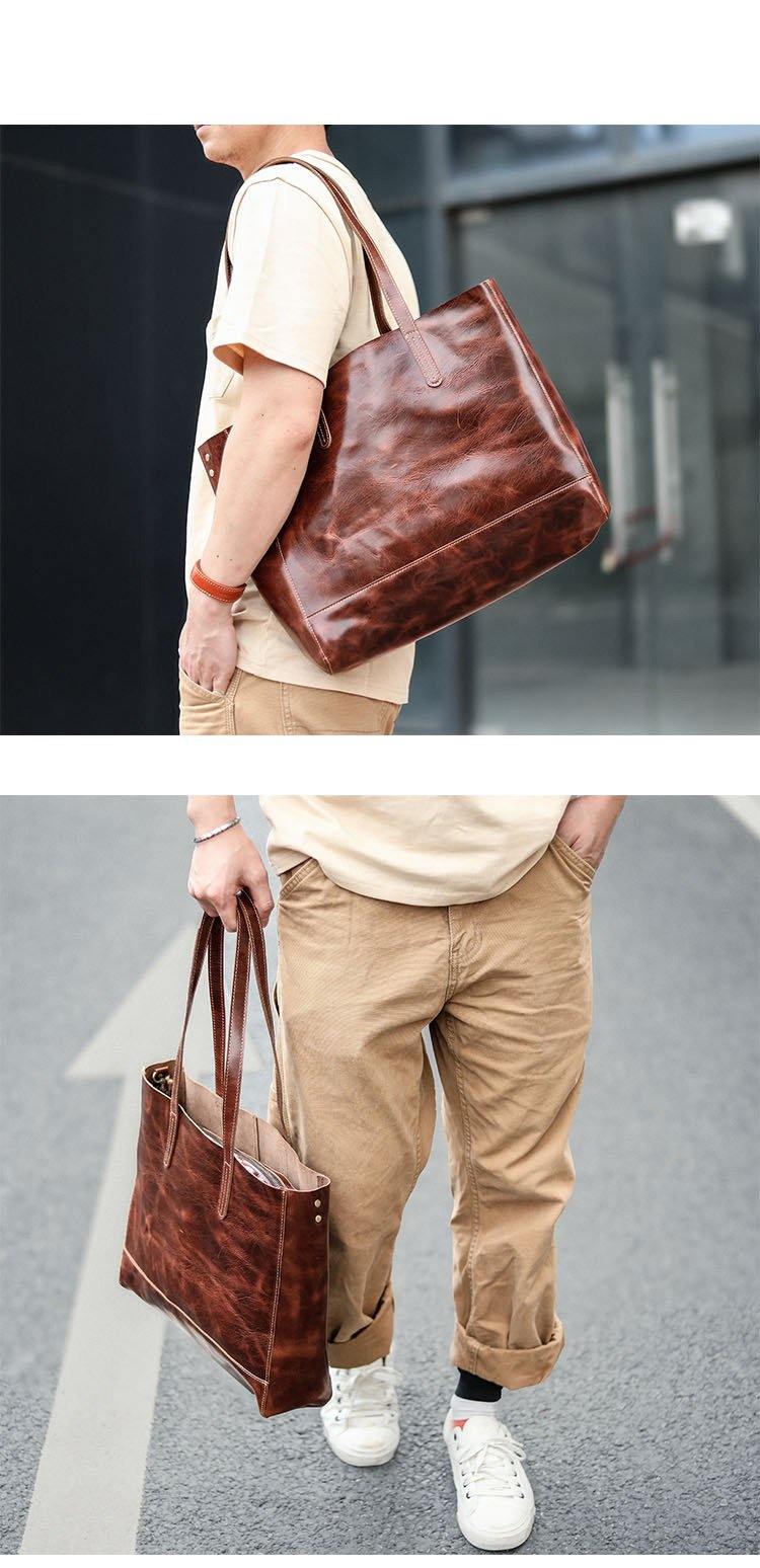 Vintage Brown Leather Men Womens Tote 15 inches Amber Brown Tote Bag Shoulder Tote Bag For Men