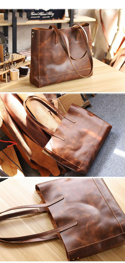 Vintage Brown Leather Men Womens Tote 15 inches Amber Brown Tote Bag Shoulder Tote Bag For Men