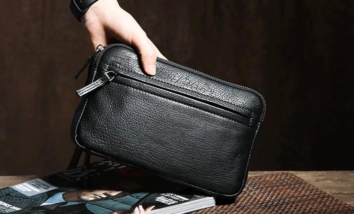 Genuine Leather Mens Clutch Cool Wallet Zipper Clutch Wristlet Bag Wallet for Men