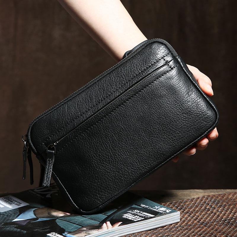 Genuine Leather Mens Clutch Cool Wallet Zipper Clutch Wristlet Bag Wallet for Men