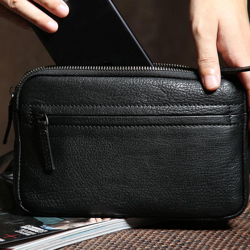 Genuine Leather Mens Clutch Cool Wallet Zipper Clutch Wristlet Bag Wallet for Men