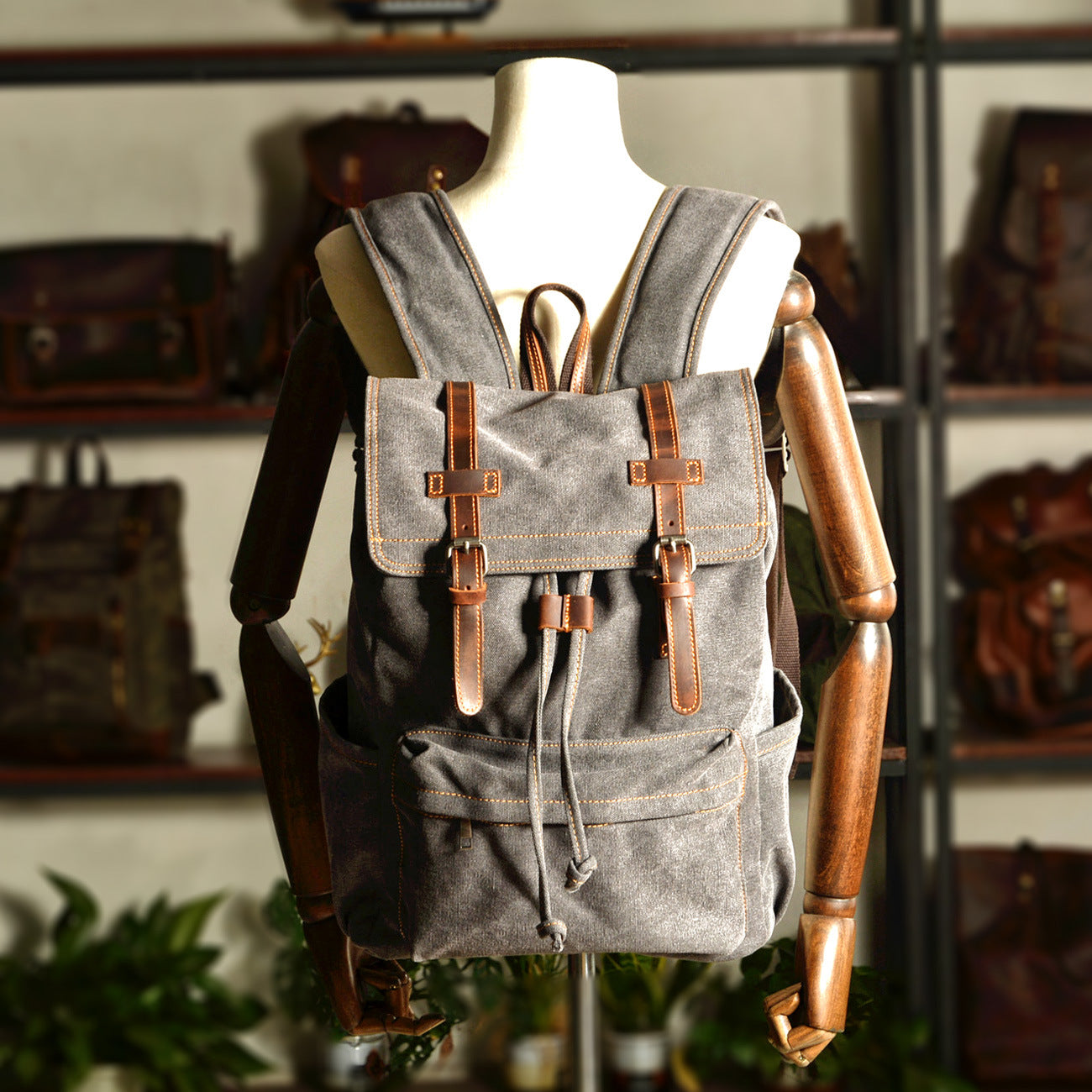 Gray Washed Canvas Satchel Backpack Canvas Mens School Backpack Hiking Backpack For Men