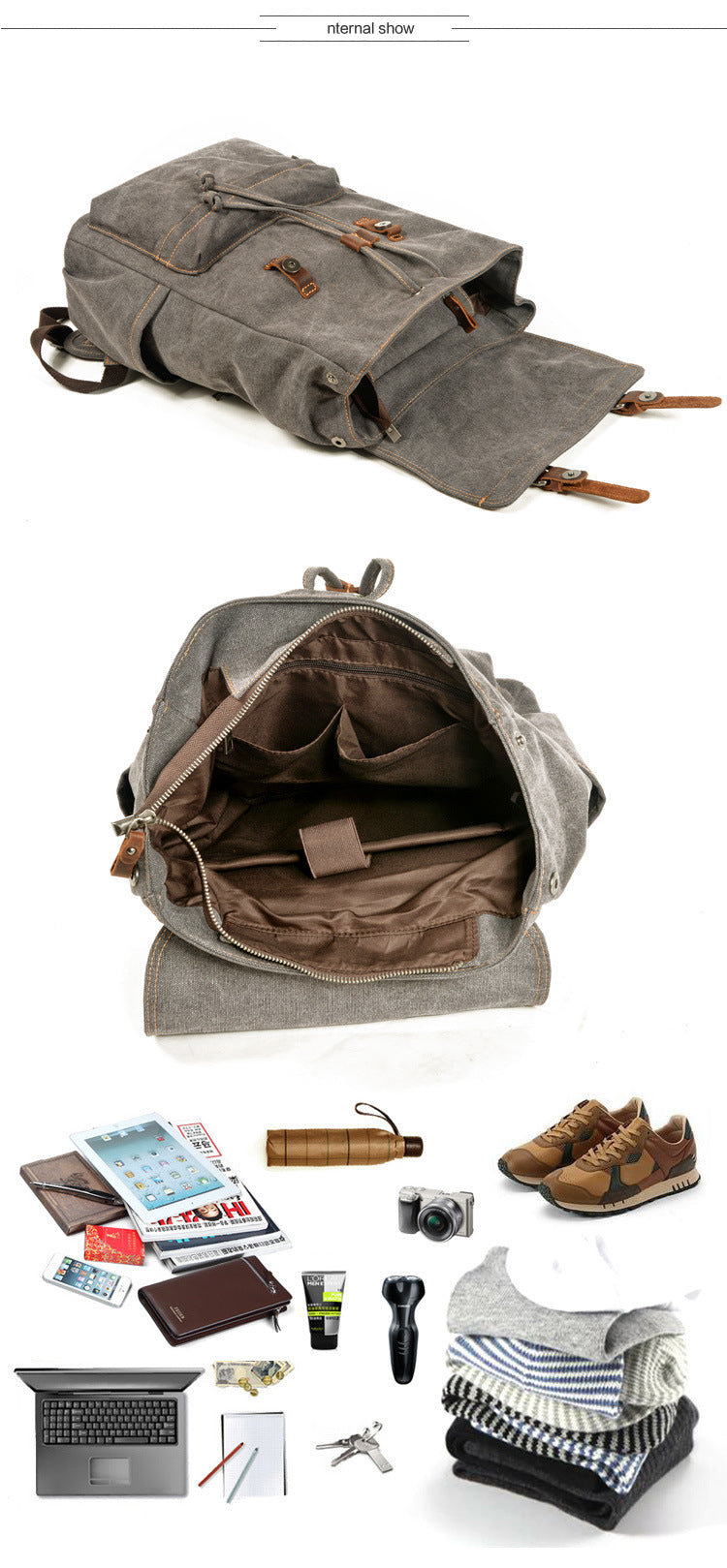 Gray Washed Canvas Satchel Backpack Canvas Mens School Backpack Hiking Backpack For Men