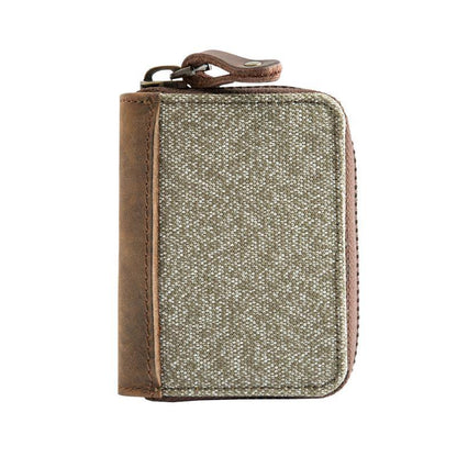 Gray Canvas Leather Mens Light Brown Small Wallets Zipper Bifold Card Wallet Coin Purse for Men