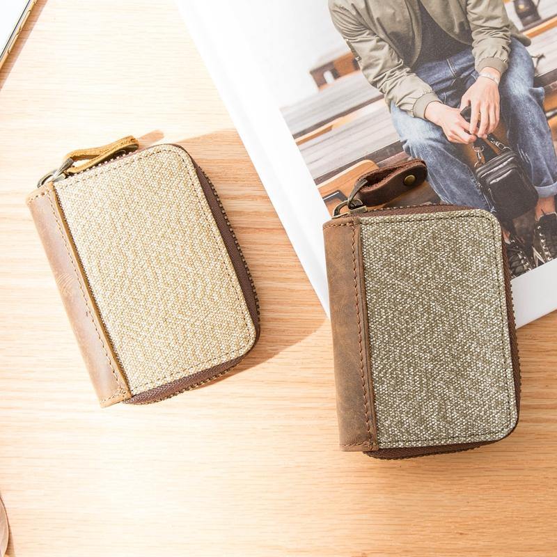 Gray Canvas Leather Mens Light Brown Small Wallets Zipper Bifold Card Wallet Coin Purse for Men