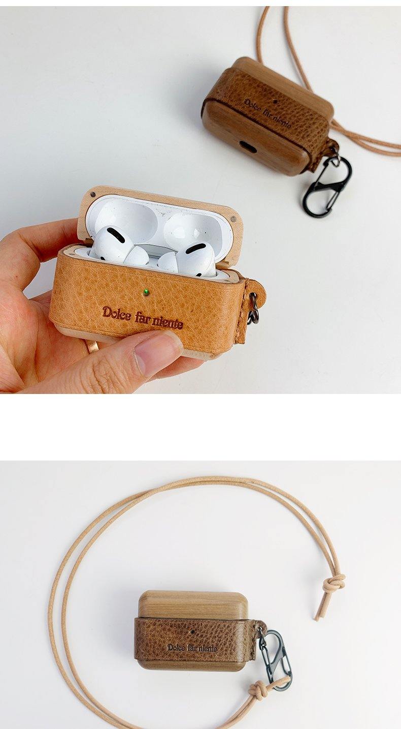 Coffee Wood Leather AirPods Pro Case with Strap Leather AirPods Case Airpod Case Cover