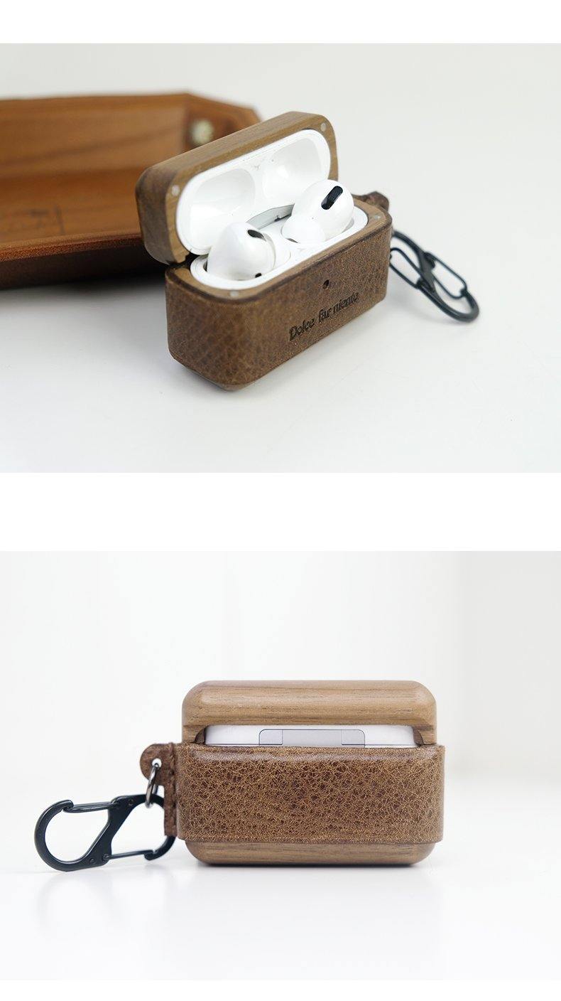 Coffee Wood Leather AirPods Pro Case with Strap Leather AirPods Case Airpod Case Cover