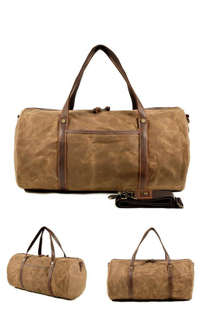 Green Leather Canvas Mens Barrel Weekender Bag Casual Travel Handbag Khaki Canvas Duffle Bag for Men