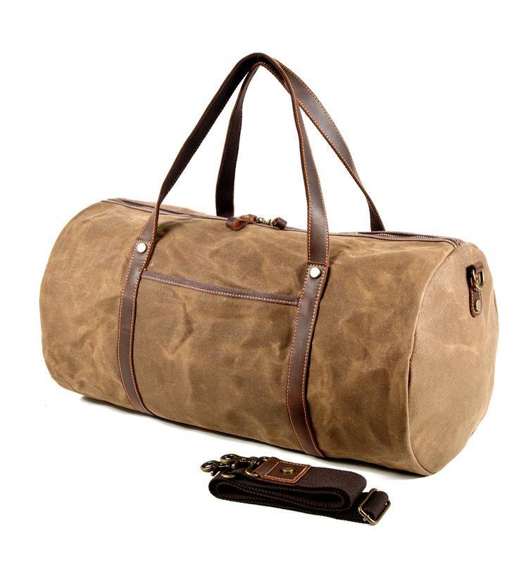 Green Leather Canvas Mens Barrel Weekender Bag Casual Travel Handbag Khaki Canvas Duffle Bag for Men