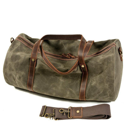 Green Leather Canvas Mens Barrel Weekender Bag Casual Travel Handbag Khaki Canvas Duffle Bag for Men