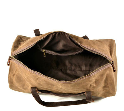 Green Leather Canvas Mens Barrel Weekender Bag Casual Travel Handbag Khaki Canvas Duffle Bag for Men