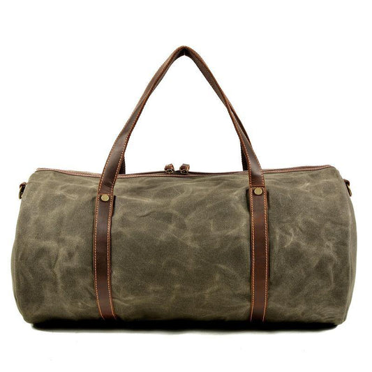 Green Leather Canvas Mens Barrel Weekender Bag Casual Travel Handbag Khaki Canvas Duffle Bag for Men