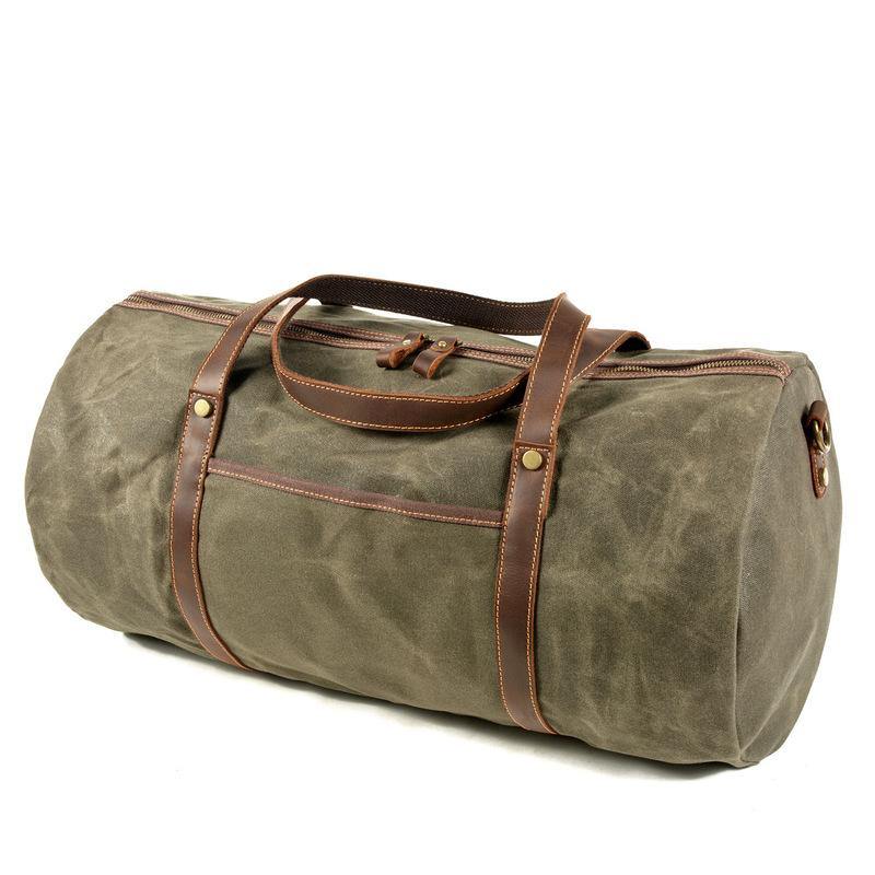 Green Leather Canvas Mens Barrel Weekender Bag Casual Travel Handbag Khaki Canvas Duffle Bag for Men