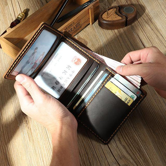 Handmade Coffee Leather Mens Trifold Billfold Personalized Trifold Small Wallets for Men