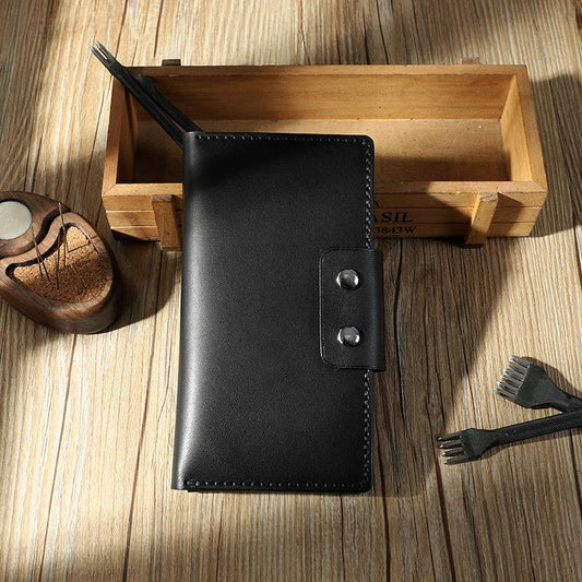 Handmade Black Leather Mens Bifold Long Wallets Personalized Black Checkbook Leather Wallets for Men