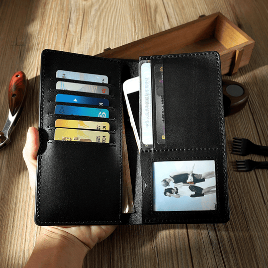 Handmade Black Leather Mens Bifold Long Wallets Personalized Black Checkbook Wallet for Men