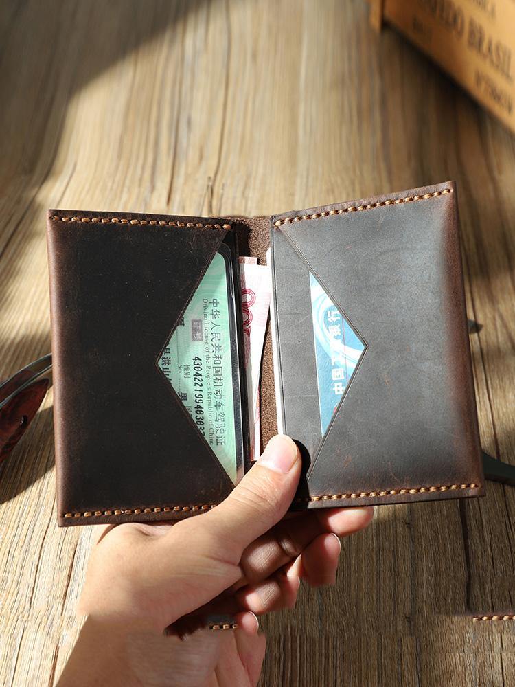 Handmade Coffee Leather Mens Small Card Holders Wallet Personalized Bifold Card Wallets for Men