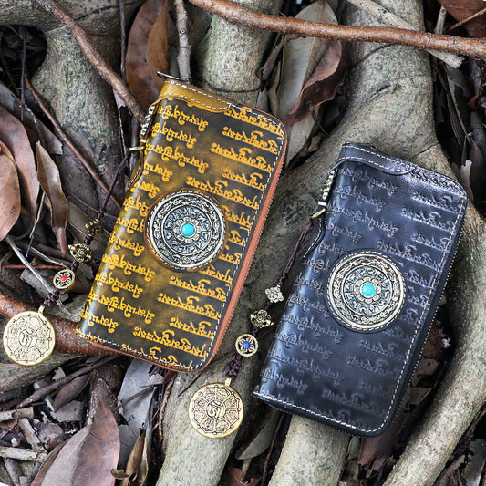 Handmade Leather Tibetan Scriptures Long Wallet Tooled Zipper Clutch Wristlet Wallet for Men