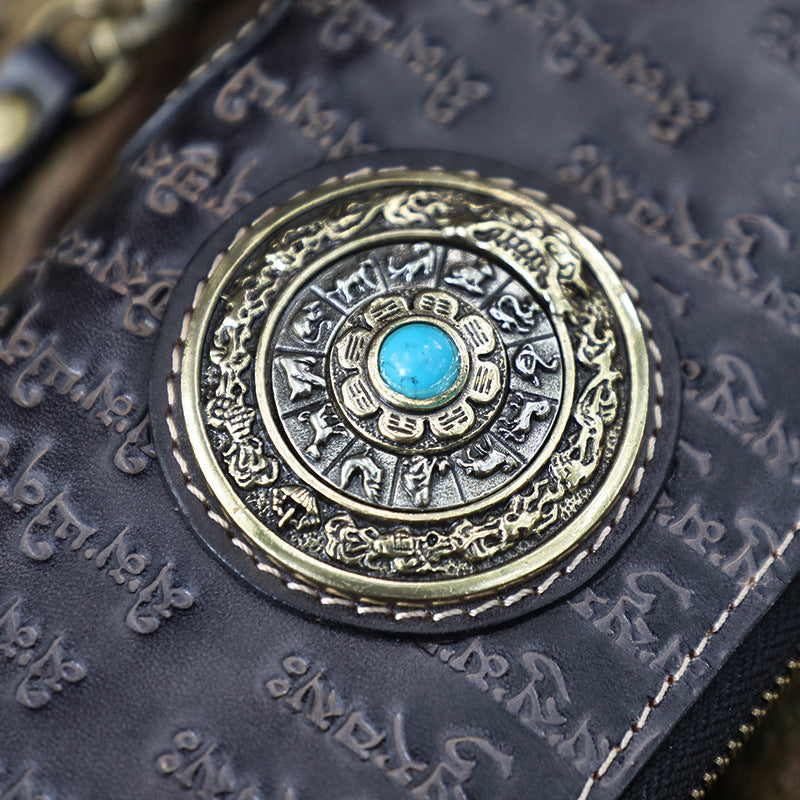 Handmade Tan Leather Tibetan Scriptures Long Wallet Tooled Zipper Clutch Wristlet Wallet for Men