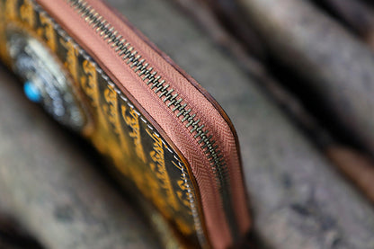 Handmade Tan Leather Tibetan Scriptures Long Wallet Tooled Zipper Clutch Wristlet Wallet for Men