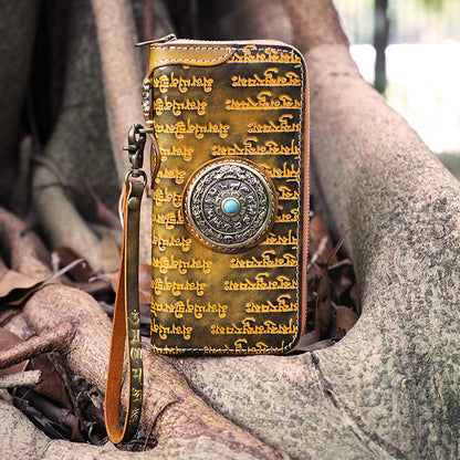 Handmade Tan Leather Tibetan Scriptures Long Wallet Tooled Zipper Clutch Wristlet Wallet for Men