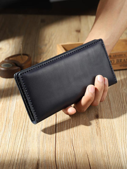 Handmade Black Mens Bifold Long Wallets Personalized Black Leather Checkbook Wallets for Men