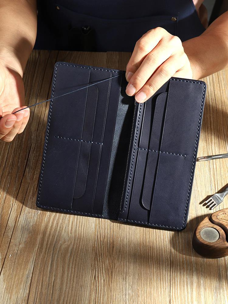 Handmade Black Mens Bifold Long Wallets Personalized Black Leather Checkbook Wallets for Men