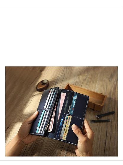 Handmade Black Mens Bifold Long Wallets Personalized Black Leather Checkbook Wallets for Men