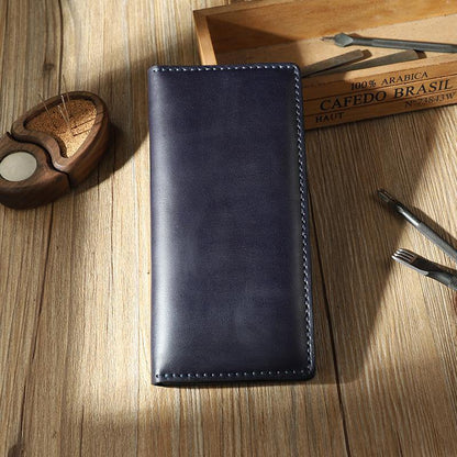 Handmade Black Mens Bifold Long Wallets Personalized Black Leather Checkbook Wallets for Men