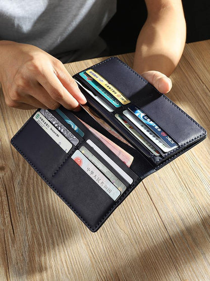 Handmade Black Mens Bifold Long Wallets Personalized Black Leather Checkbook Wallets for Men