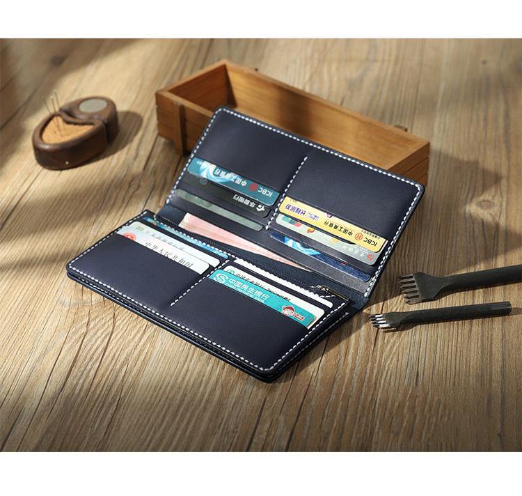 Handmade Black Mens Bifold Long Wallets Personalized Black Leather Checkbook Wallets for Men