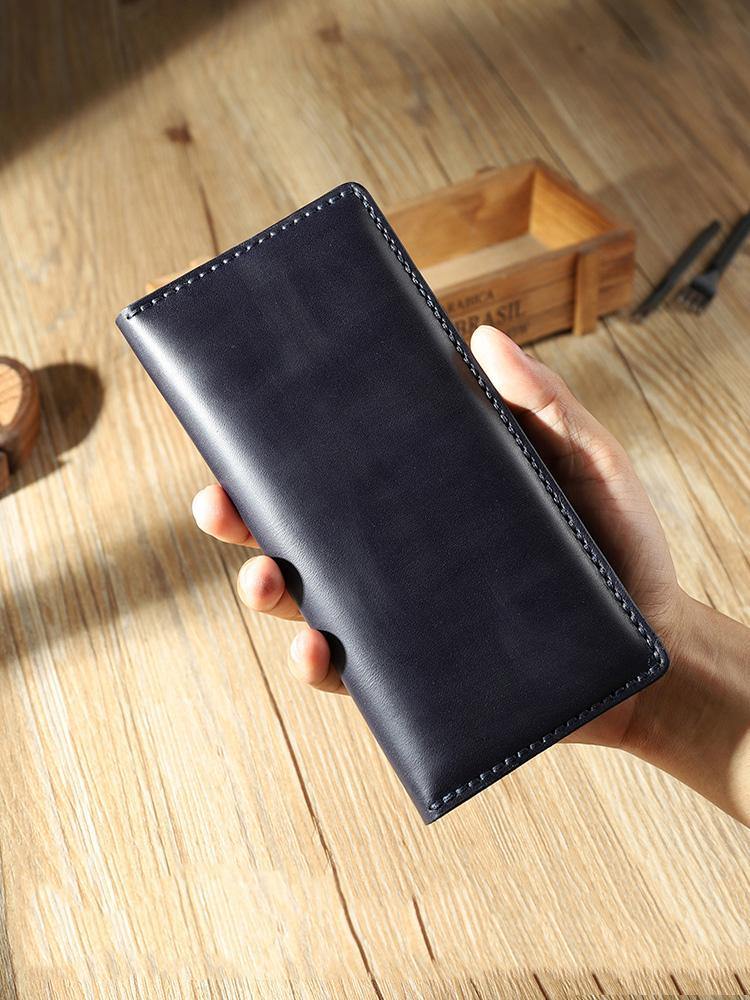 Handmade Black Mens Bifold Long Wallets Personalized Black Leather Checkbook Wallets for Men