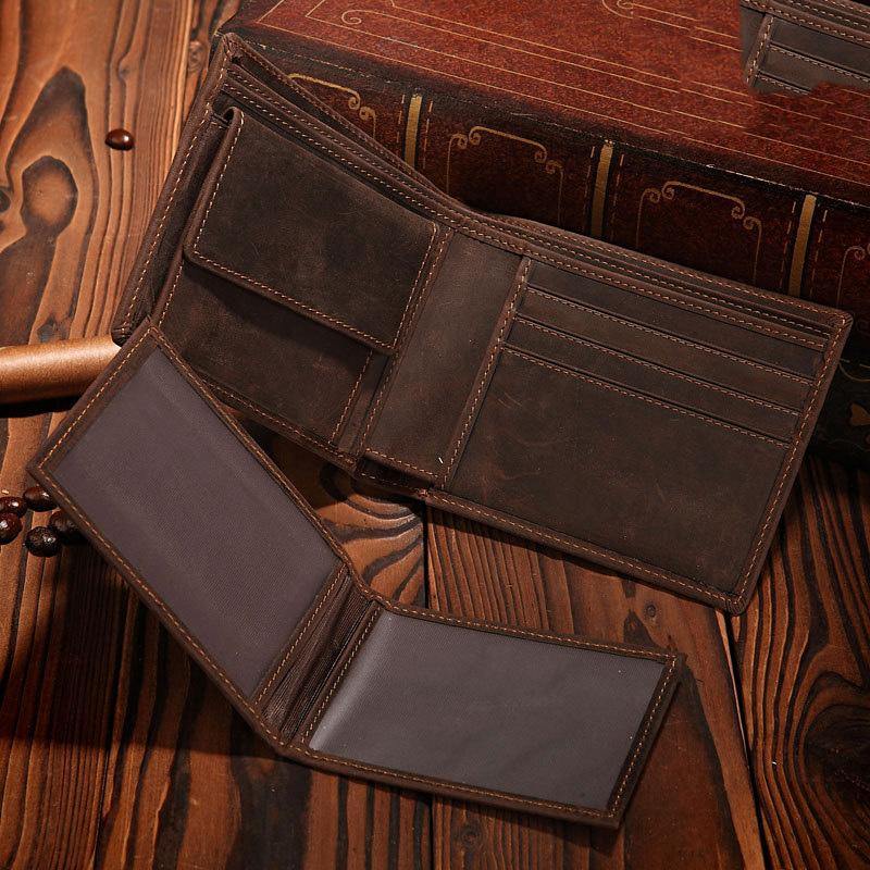 Handmade Leather Mens Bifold Brown Billfold Wallets With Coin Pocket Small Wallets for Men