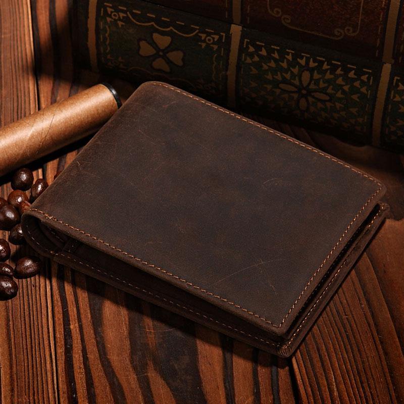 Handmade Leather Mens Bifold Brown Billfold Wallets With Coin Pocket Small Wallets for Men