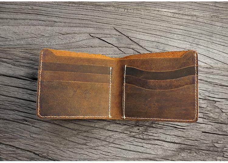 Handmade Brown Leather Mens Billfold Wallets Slim Brown Bifold Small Wallet for Men