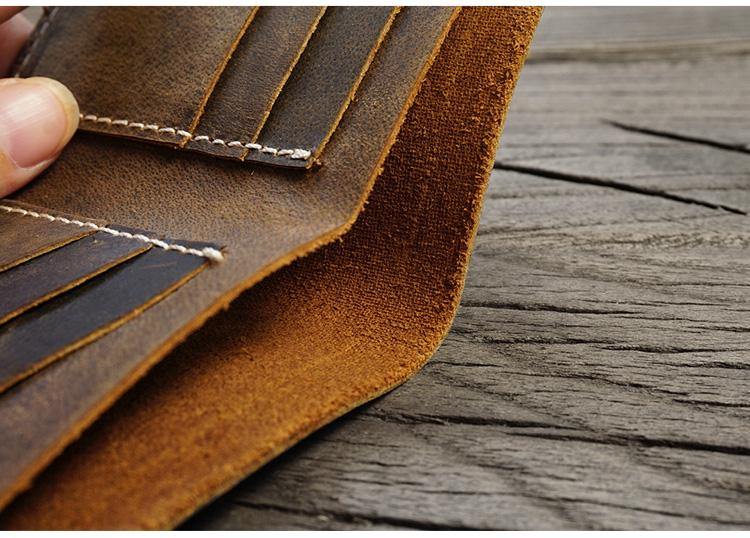 Handmade Brown Leather Mens Billfold Wallets Slim Brown Bifold Small Wallet for Men