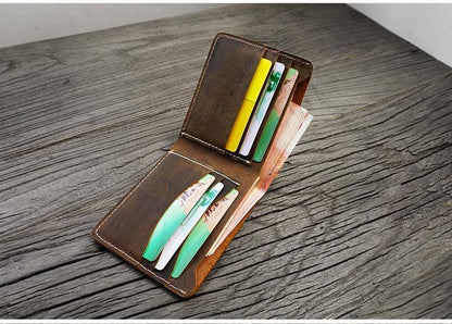 Handmade Brown Leather Mens Billfold Wallets Slim Brown Bifold Small Wallet for Men