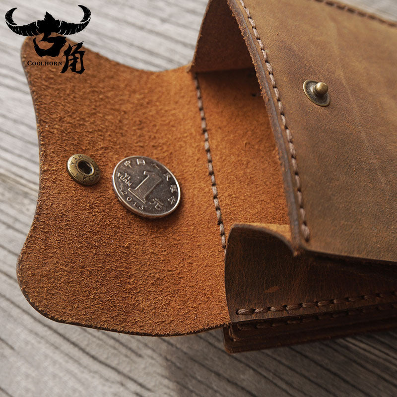 Handmade Brown Leather Mens Trifold Billfold Wallet With Coin Pocket Short Blue Small Wallet for Men